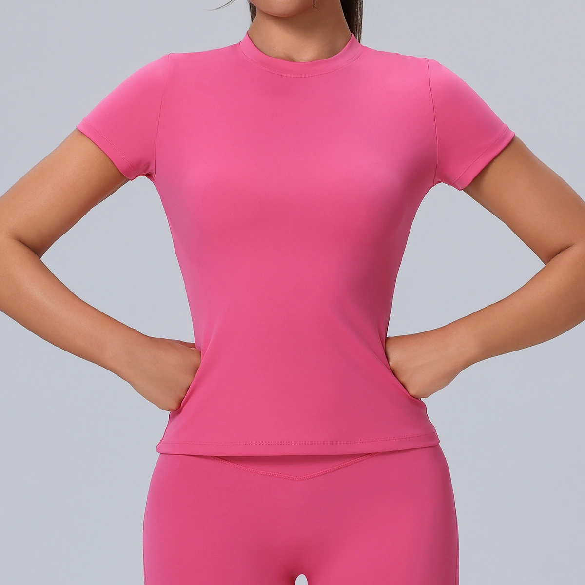 New Round Neck Fitness Suit Short Sleeved Women's High Elasticity Breathable Tight Fitting Sports T-shirt Prati Yoga Suit Top