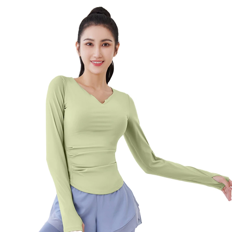 V Neck Yoga Long Sleeve Top Front Logo Waist Pleats Women's Fixed Cup Fitness Quick Dry Nylon Spandex T-Shirts