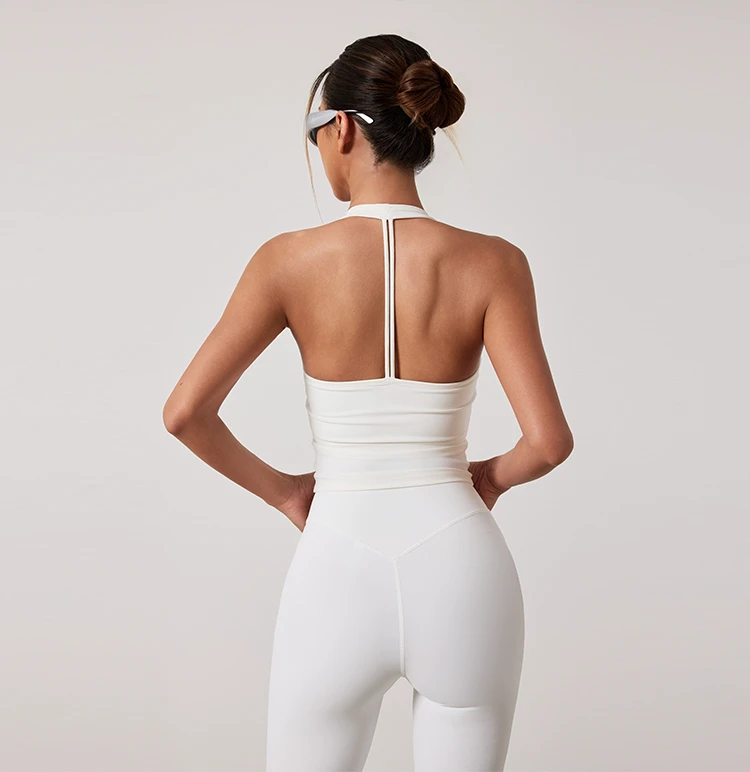 China Factory Breathable V-Neck Fitness Top Beautiful Back Tight Slim Sports Vest Solid Color Gym Yoga Halter Yoga Top for Woman
