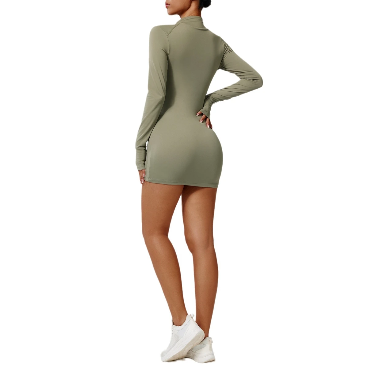 Zipper Nude Tight-fitting Sports Dress Slimming, Quick-drying Fitness Yoga Long-sleeved Casual Dress Sexy