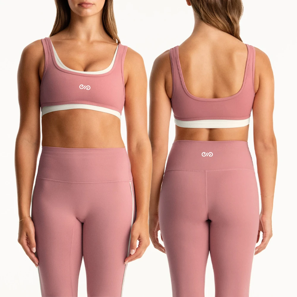 Custom Pink Yoga Set for Women Color Block Sports Bra High Waist Leggings Square Neckline OEKO TEX Quick Dry Alooo Activewear