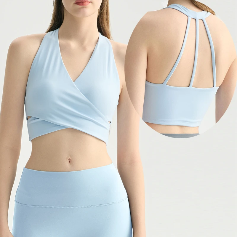 Women New Fashion High Quality Front Cross Gym Workout Yoga Sports Bra Padded Fitness Wear Activewear V Neck Push up Tops