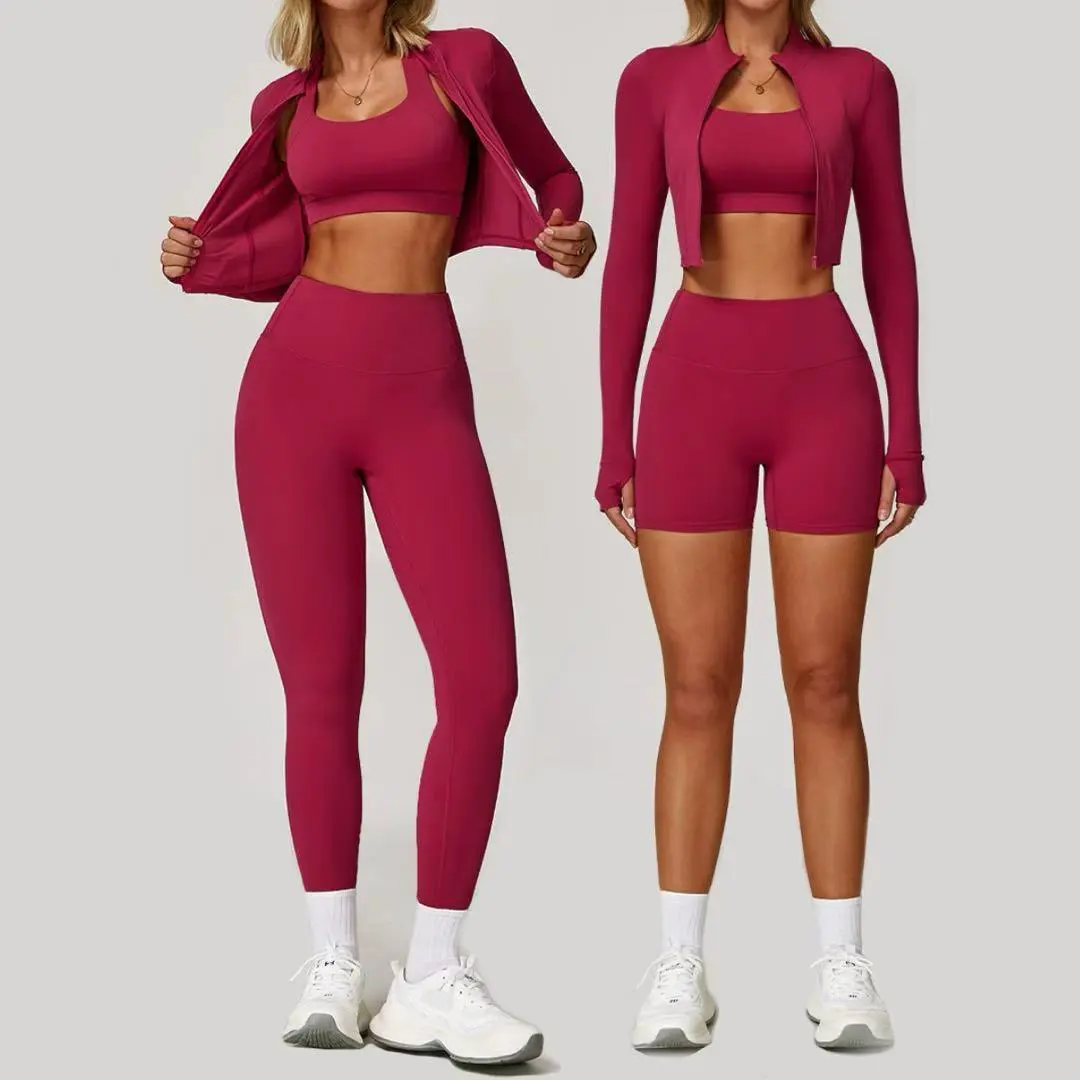 Cloud-Sense High-Waist Yoga Set Nude Fitness Clothing Three-Piece Shock-Proof Sports & Outdoor Tight Yoga Clothing