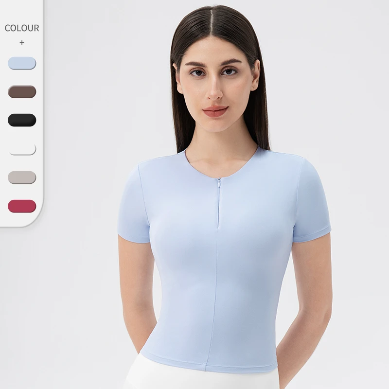 Women's Yoga Top with Front Zipper Body-Slimming Built-in Bra High-Elasticity Gym Fitness Top Nude Feeling Running T-Shirt