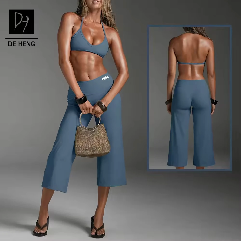 Custom Halter Sports Bra & Calf-Length Wide Legs Pants High-Waisted Yoga Activewear 2 Piece Workout Sets for Women