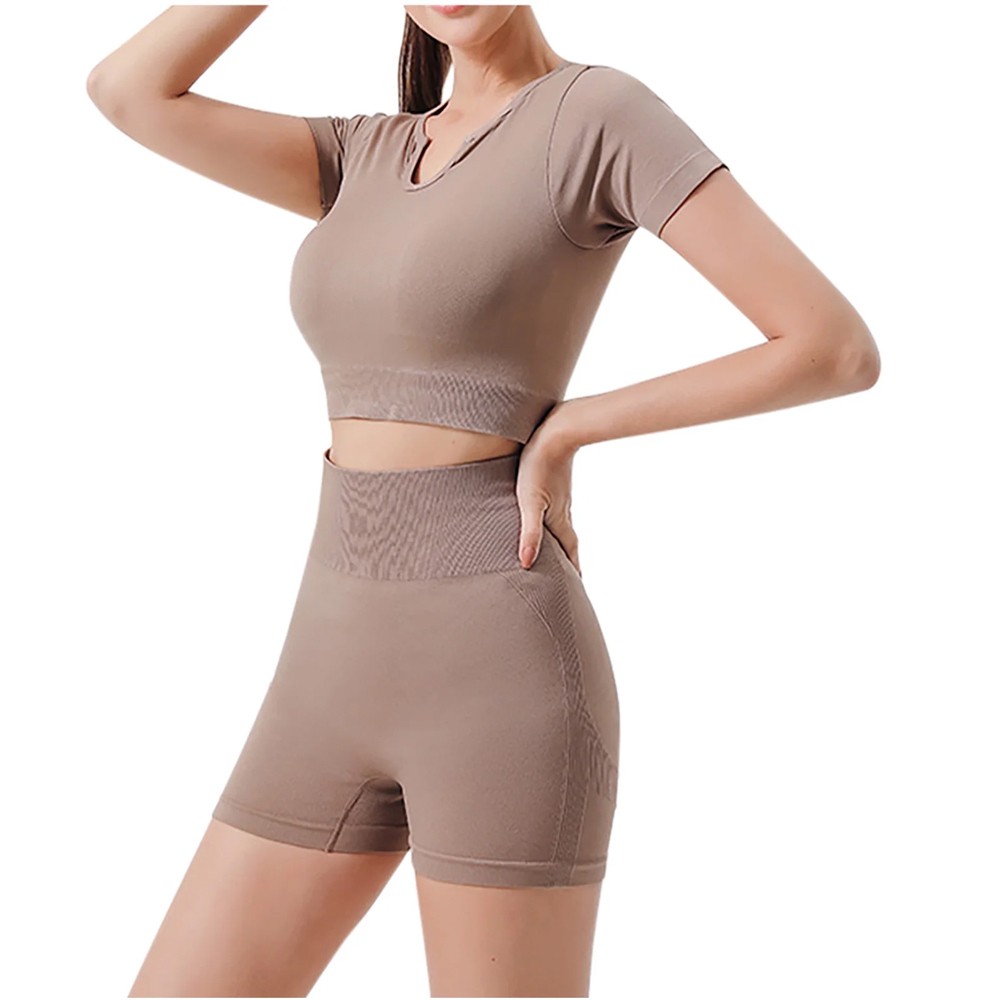 New Arrival Autumn Workout Quick Dry High Quality Gym Sports Fitness Yoga Athletic Top Short Leggings Set Solid 2-Piece Women's