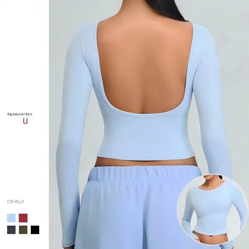 U-Shape Backless Long Sleeves Yoga Top Slim Lift Fitness Sports Shirt Quick Dry Workout Active Stretch Breathable Yoga Shirts