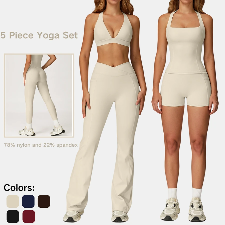 Women 5 Piece Yoga Set Sports Bra Tank Top Shorts Leggings Flare Pants Gym Fitness Outfit Activewear Tight Running