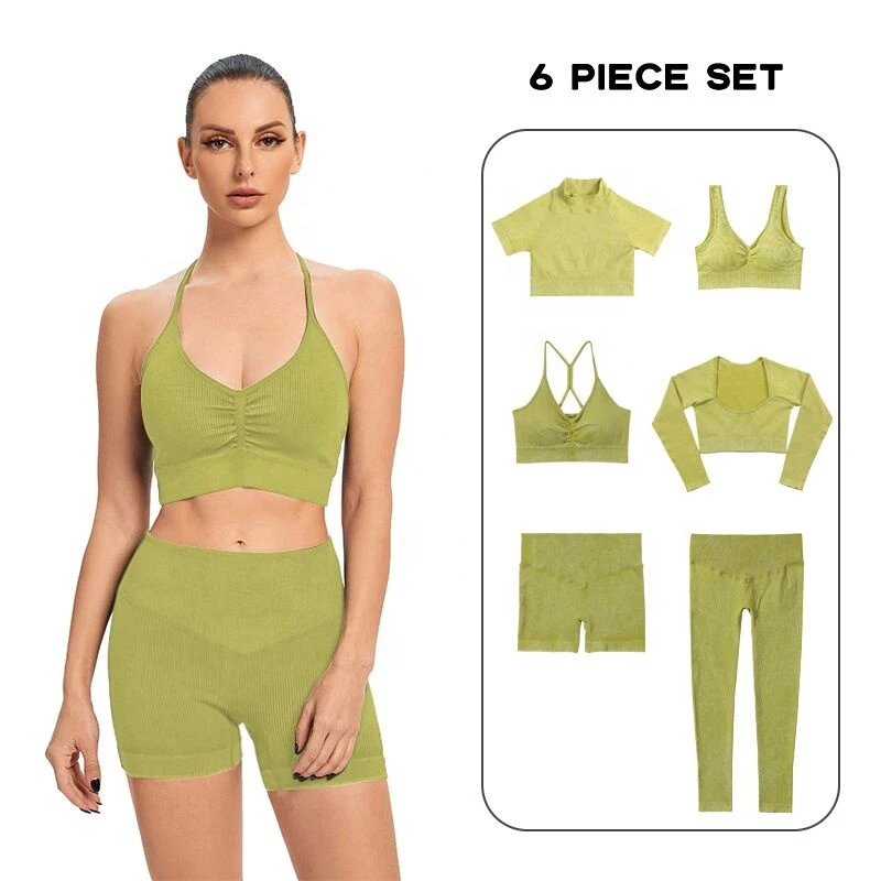 New 6pcs Seamless Ribbed Yoga Suit Active Wear Set Custom Wholesale Workout Clothing Anti-Wrinkle Hip Lift Breathable Plus Size