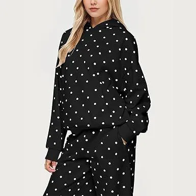 Women's Black Polka Dot Hooded Sweatshirt Set Full Sleeve Loose Fit Knitted Casual All Seasons Two Piece Long Length