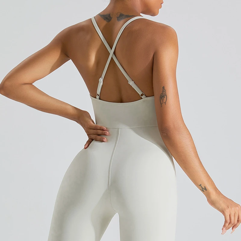 Women's High Stretchy Adjustable Cross Strap Gym Workout Leggings Tummy Control One Piece Yoga Fitness Jumpsuit Sports Bodysuit