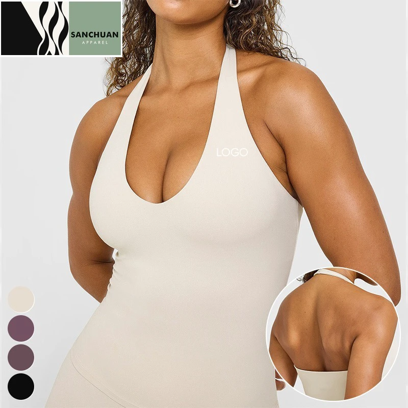 Women's Deep V Neck Breathable Four-Way Stretch Sleeveless Workout Tops Backless Gym Sports Vest Halter Neck Yoga Top