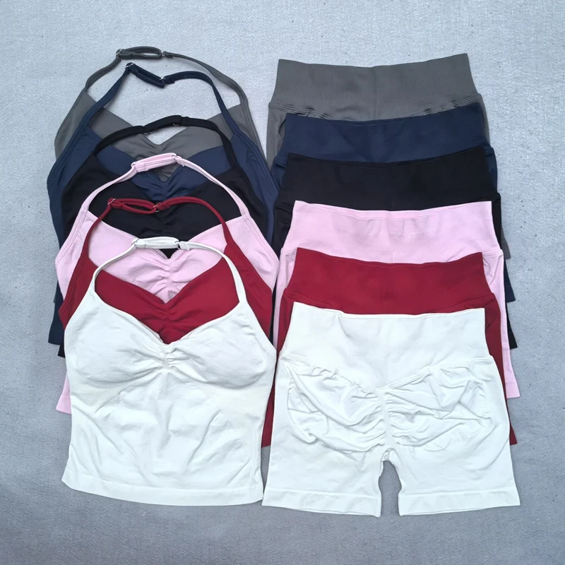 New Seamless Yoga Set Women 2Pcs Padded Halter Tank Top Scrunch Butt Lifting Gym Shorts Set Summer Sportswear