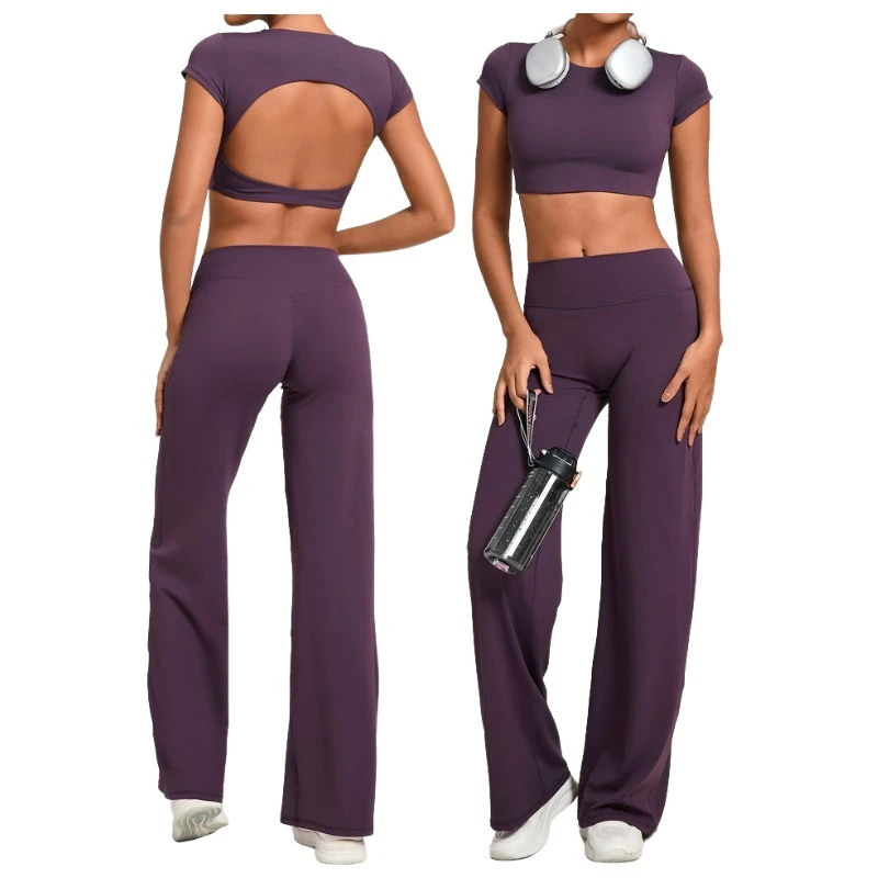 Custom Bulk Ladies Sexy Quick Dry Hollow Back Loose Yoga Suit High Waist Wide Leg Pants Sports Yoga Sets