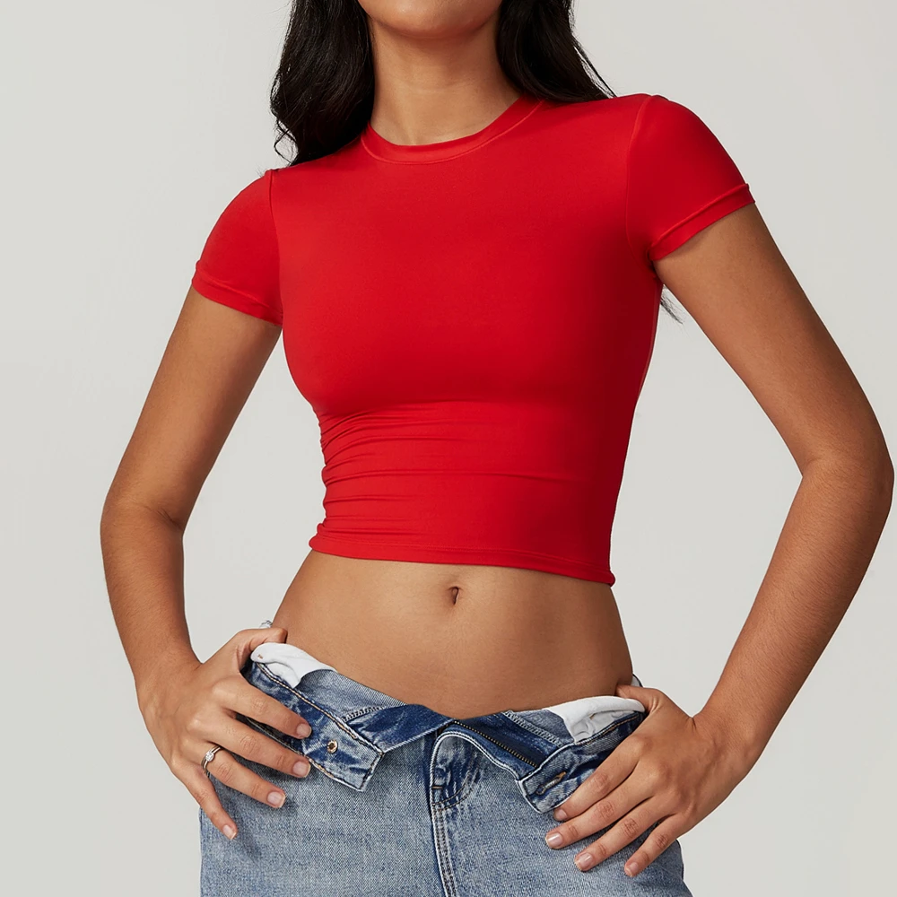 Women's Sexy Crop Top Blank Quick Dry Gym Workout Plain Yoga Sports Slim Fit Streetwear T-Shirts Fitness Sports Wear T Shirt
