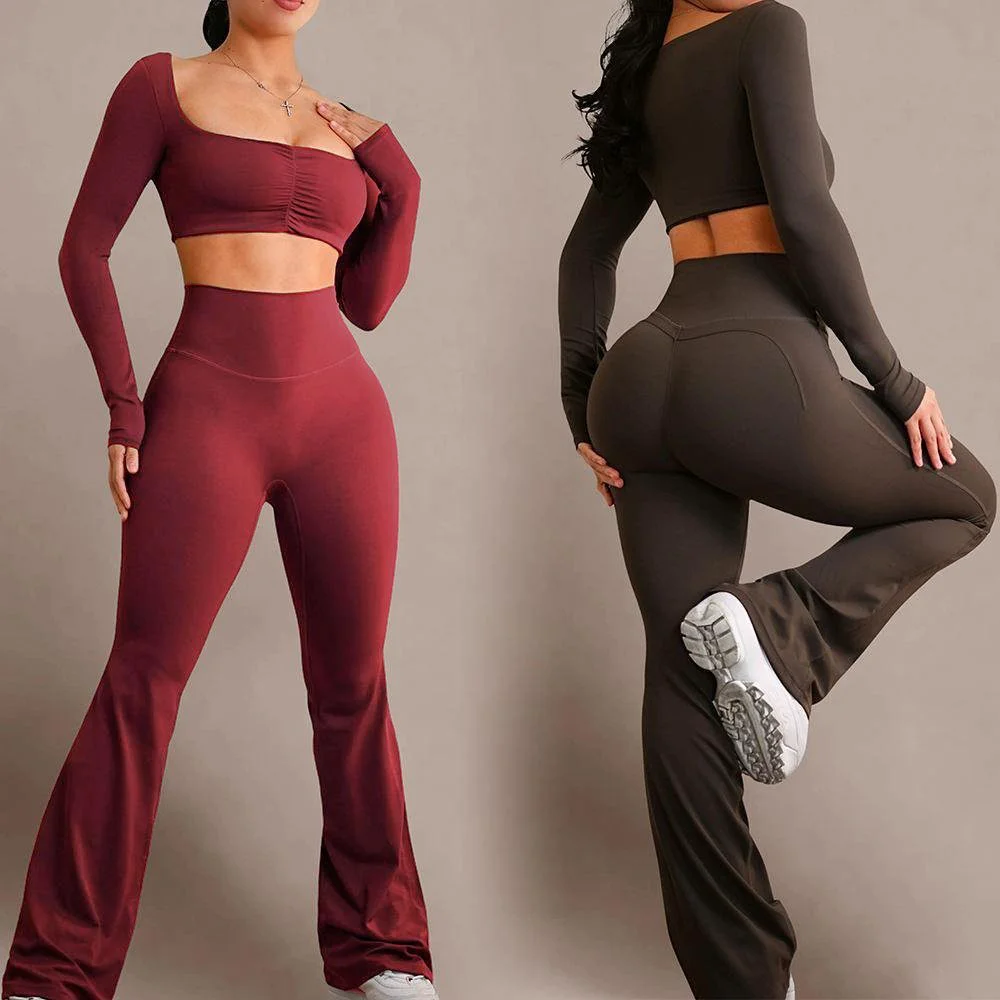 Custom High Stretch Long Tall Girl Gym Wear Two-Piece Yoga Workout Sets Women Solid Pattern Breathable Plus Recyclable Front