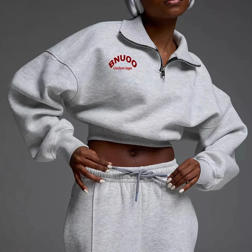 OEM New Fashion Streetwear Sweatshirt Sportswear Cotton Jogger Sets Women Custom Half Zip Crop Hoodie And Sweat Pants Set