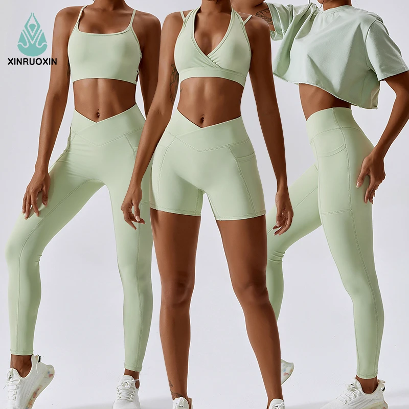 Custom Logo 7 Pieces Women Sportswear Seam Sports Bra High Waist Leggings Suit Active Wear Athletic Gym Fitness Yoga Sets