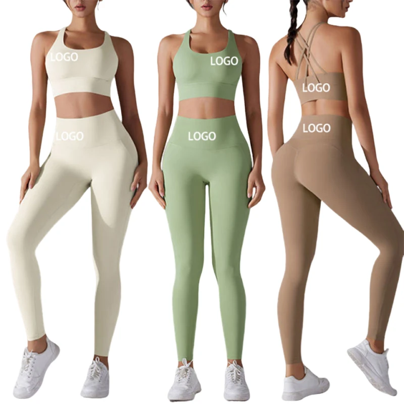 High Quality Solid Elastic Waist Sports Outfit Scrunch Leggings and Bra Yoga Wear Workout Sportswear Gym Fitness Sets for Women