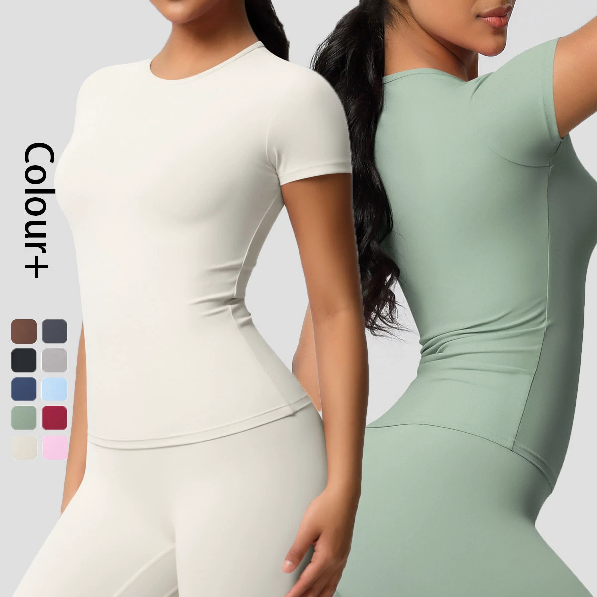 Yimo 15 Colors Solid Color Short Sleeve Yoga Top Lady Fashion Round Neck Fitness Shirt Female Sexy Quick Dry Gym Clothes