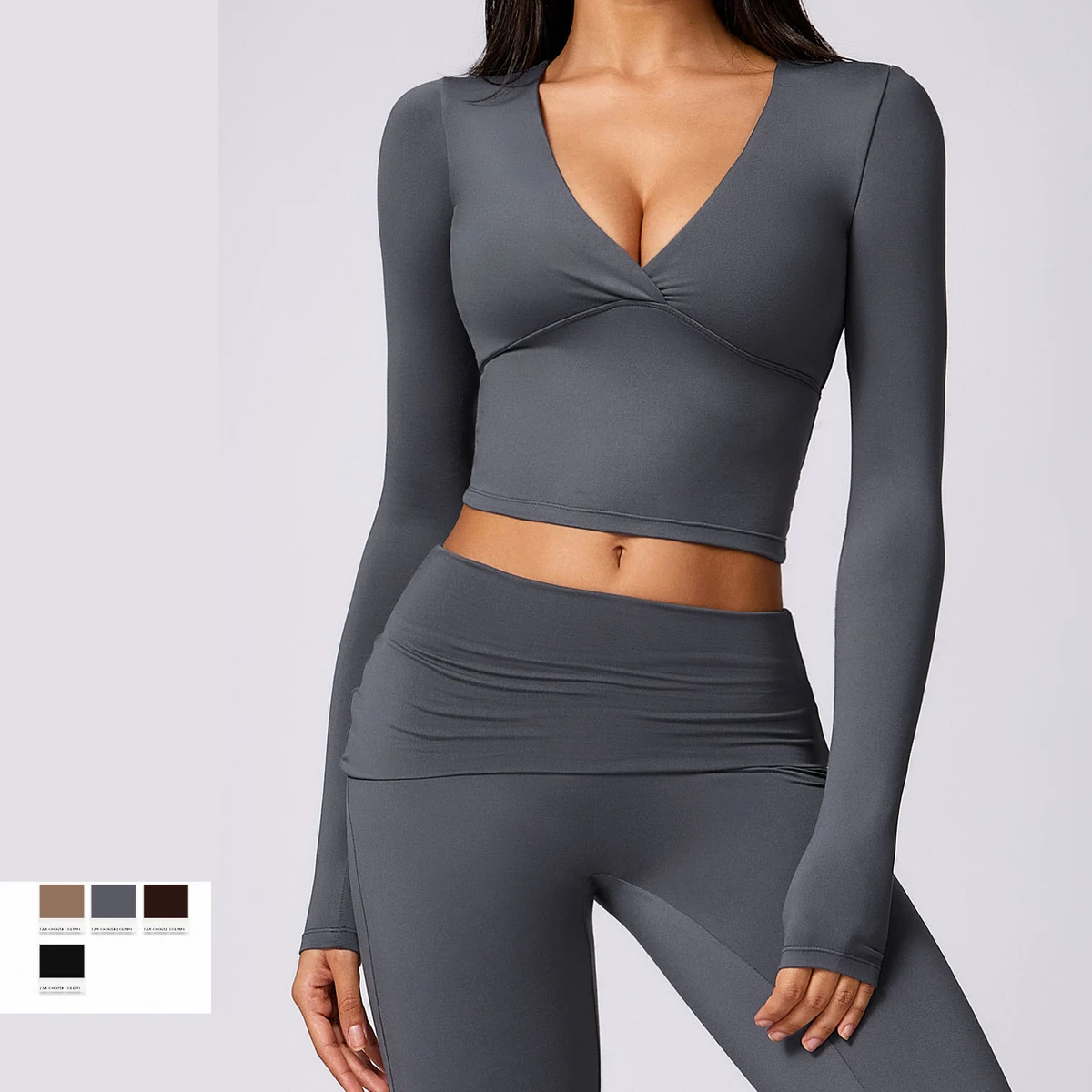 Custom Women's Sexy Deep V Neck Slim Fit Sportswear Crop Top Long Sleeve Pleated Yoga Top Active Wear Gym Fitness Wear