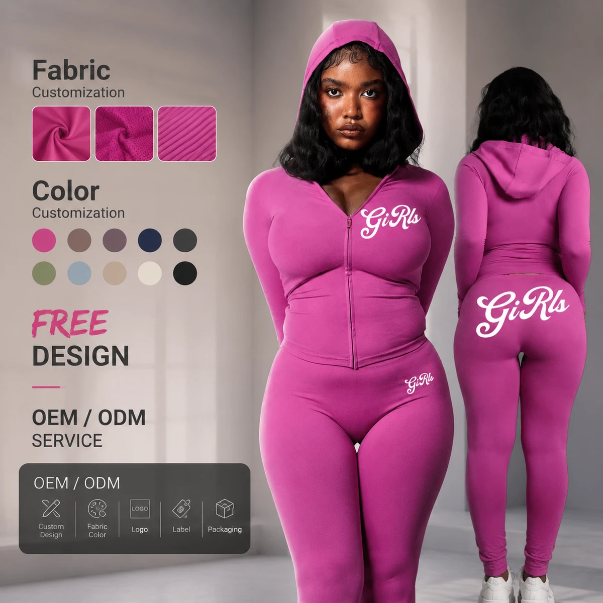 Custom Women 80% Nylon 20% Spandex Hooded Zip Front Long Sleeve Crop Top High Waist Yoga Pants Logo Print Two Piece Yoga Set