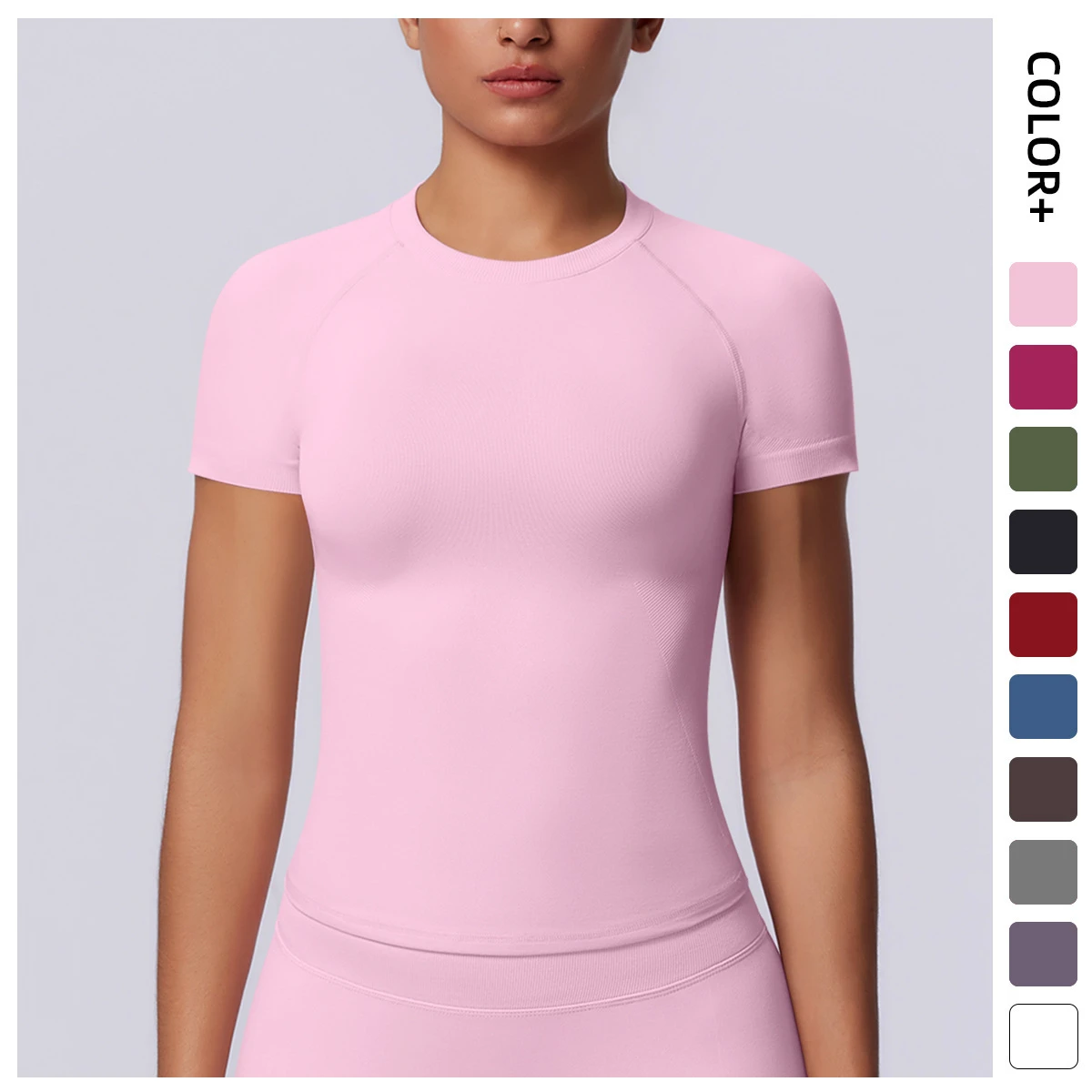 New Seamless Solid Color Tight High Elastic Breathable Spandex/Nylon Short Sleeve T-shirt for Sports Running Fitness Yoga Women