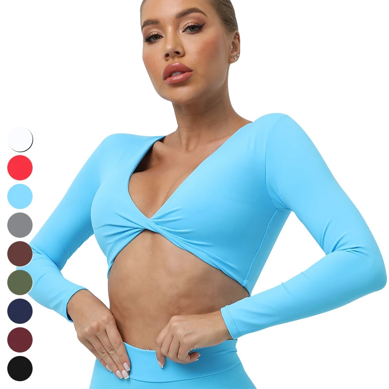 Women's Long Sleeve Sports Tops Yoga Crop Top Custom Logo Workout Wear with Removable Pad Knitted Fitness Clothing