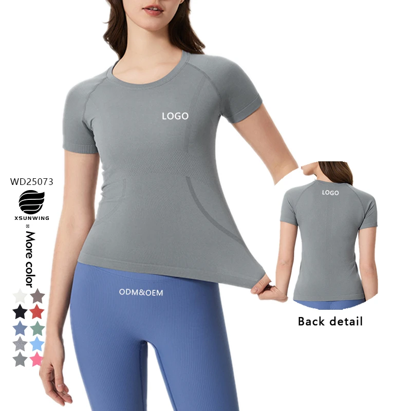 Xsunwing Wholesale High Elastic Seamless Quick-drying Tight Women Sports T-shirt Moisture Core Knitted Fitness Yoga Tops WD25073