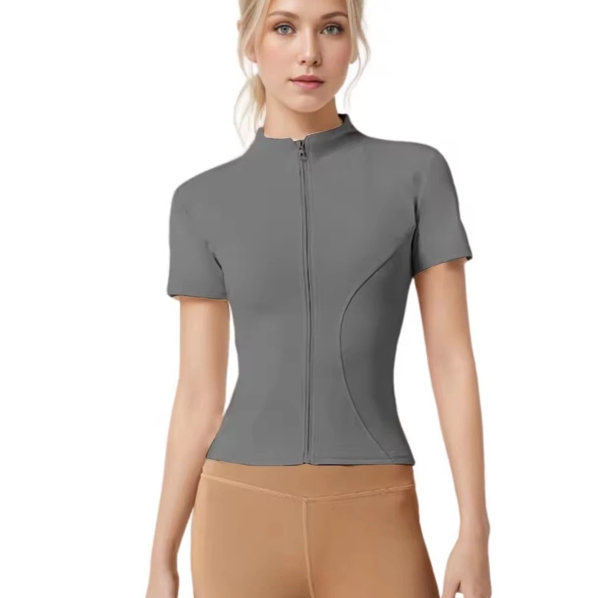Women's Yoga Clothing Breathable Quick-Dry Tight-Fitting for T-Shirt Nine Quarter Sleeve Running Pilates Stand Collar Zipper