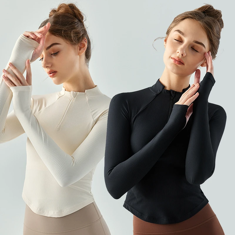 Custom Women's Autumn Winter Nylon Double-sided Nude Yoga Long-sleeved T-shirt Zip Sport Tops Running Training Fitness Clothing