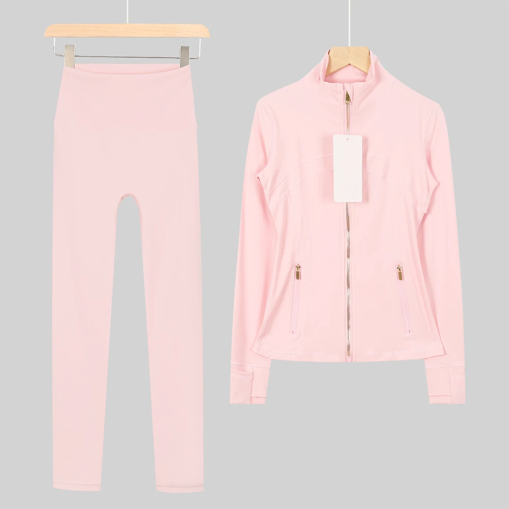 Eco-Friendly Women Sportswear 2 Piece Set Striped Jacket & Leggings Elastic Waist Gold Zippers Quick Dry Breathable Yoga Suit