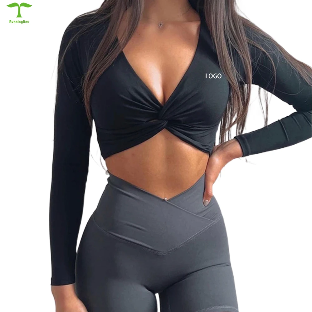 OEM/ODM Sexy Women Tight Breathable Front v Shape Yoga Long Sleeved Top Gym Fitness High Waist Yoga Top T Shirt for Ladies