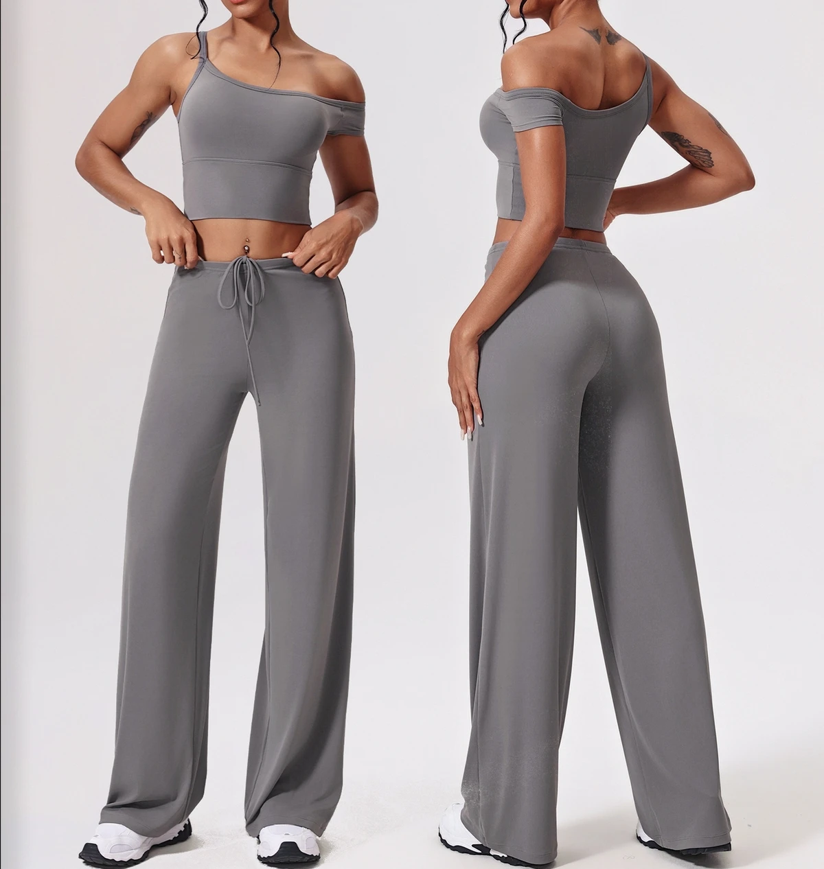 Nude Yoga Wear Off-the-shoulder Tight Quick-drying Fitness Wear Sets Loose Casual Straight-leg Pants Sportswear Set for Women