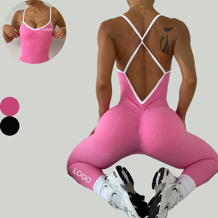 New Arrival Quick Dry Cross Strap V Back Scrunch Workout Gym One Piece Seamless Yoga Jumpsuit
