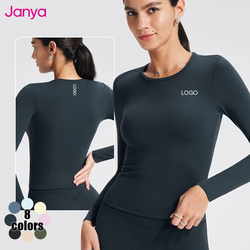 Janya Breathable Moisture Wicking Front Logo Pullover Athletic Wear Crew Neck Slim Fit Long-Sleeved Quick Dry Fitness Yoga Shirt
