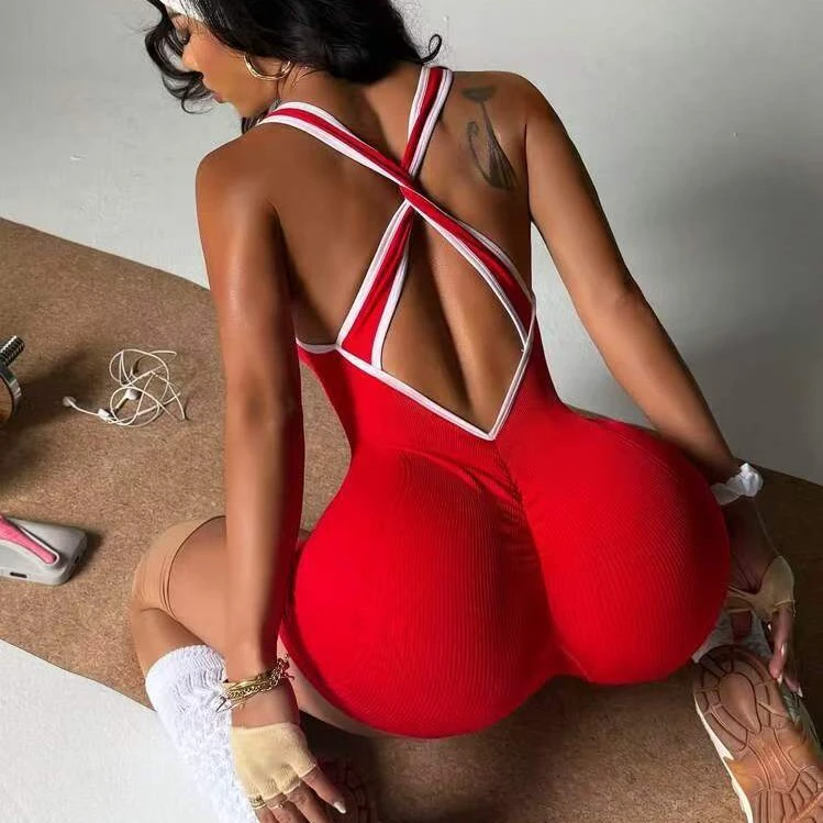 Women's Color Block Cross Strap Yoga Jumpsuit Moisture Wicking Ribbed Texture Slim Fit One Piece Gym Suit Short Jumpsuits Sports