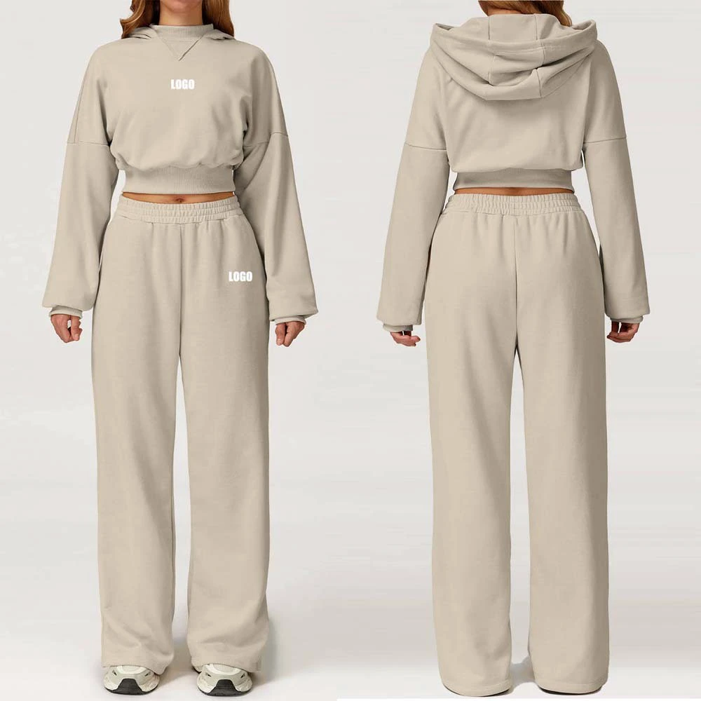 Custom Printed Embroidery Logo Acid Wash Streetwear Breathable Eco-Friendly 2 in 1 Women's Tracksuit Cropped Hoodies Flare Pants