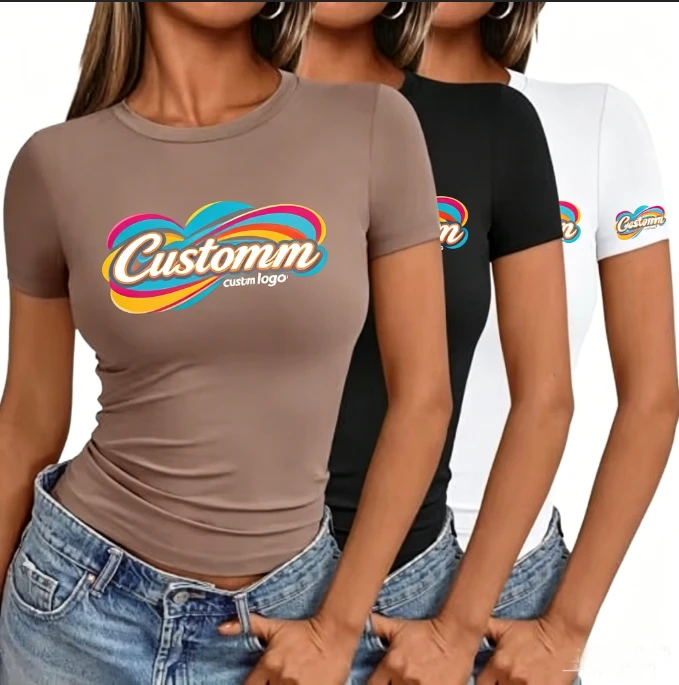 Bold Color Art Logo Slim Tee Artistic Color Logo Slim-Fit Tee Women Rhinestone Crop Top Tshirt
