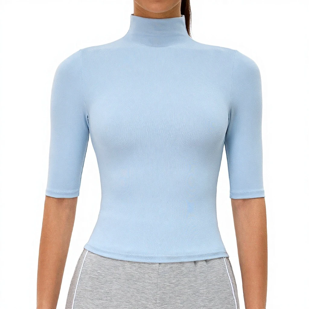 Women's European American Tight Quick-drying Nylon Spandex Solid Color Sports T-shirt High Collar Mid-sleeve Yoga Outdoor