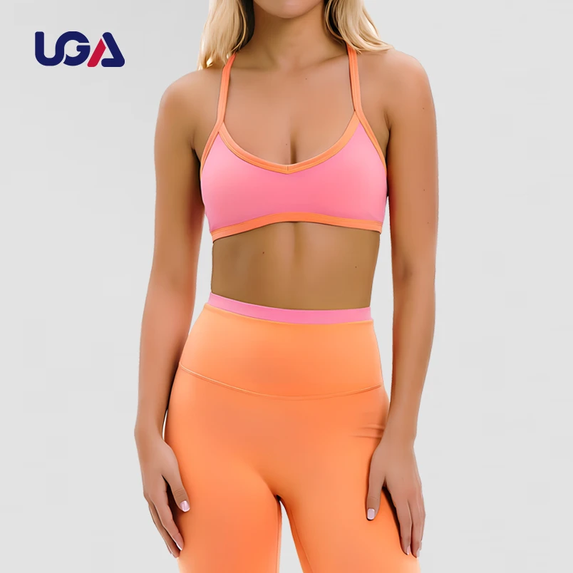 Breathable Eco-Friendly Quick Dry Double Layer Contrast Color Cross Straps Casual Sports Bra Color Blocking Custom Yoga Set