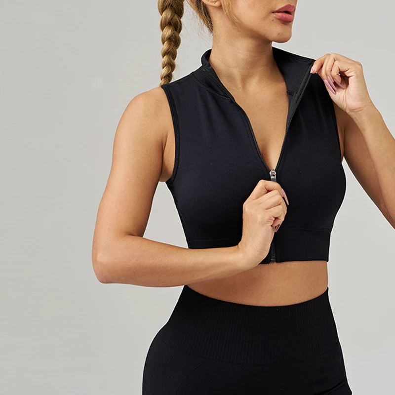 Premium Quality Women's Seamless Breathable Quick-Dry Slim Sports Yoga Tank Solid High Neck Zipper Sleeveless Running Fitness