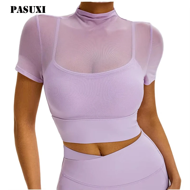 PASUXI Wholesale Women Yoga Wear Sports Bra Top Quick-Dry Fitness Mesh Short Sleeve Sexy Running Shirt with Chest Pad for Wom