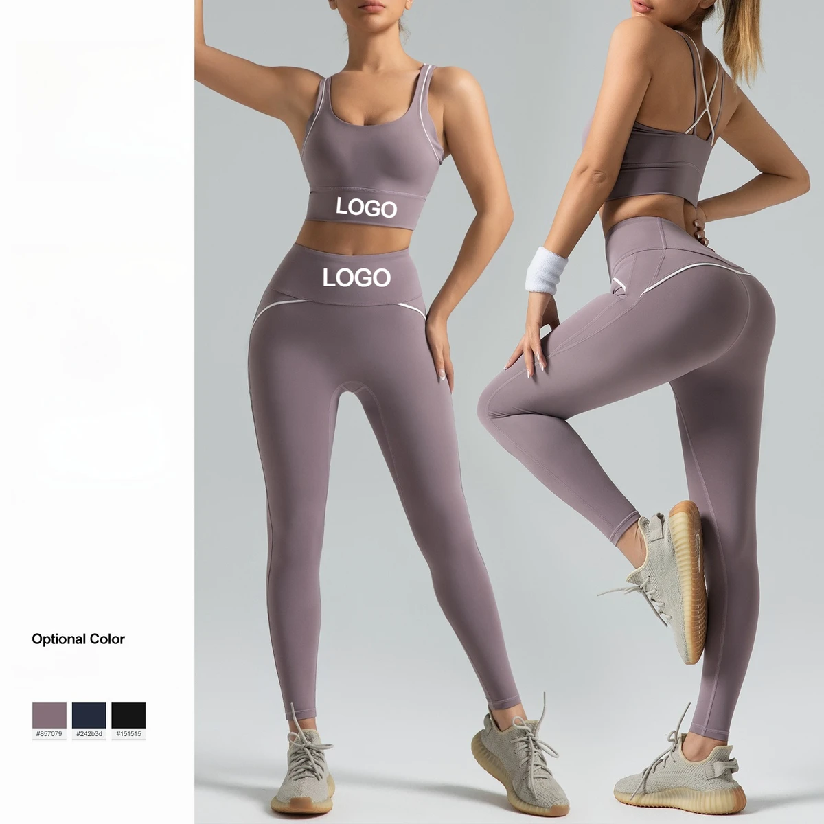 Custom LOGO Contrast Line Yoga 2 Piece Set High Impact Sports Bra High Waist Butt Lifting Leggings Workout Outfit