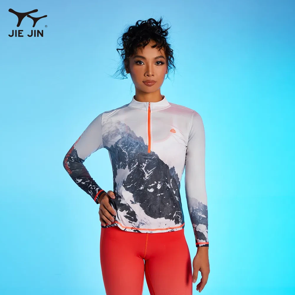JIEJIN Custom Made Women'S Heat Transfer Waterproof Zipper Fitted Long Sleeve Gym Yoga Slim Fit T Shirt