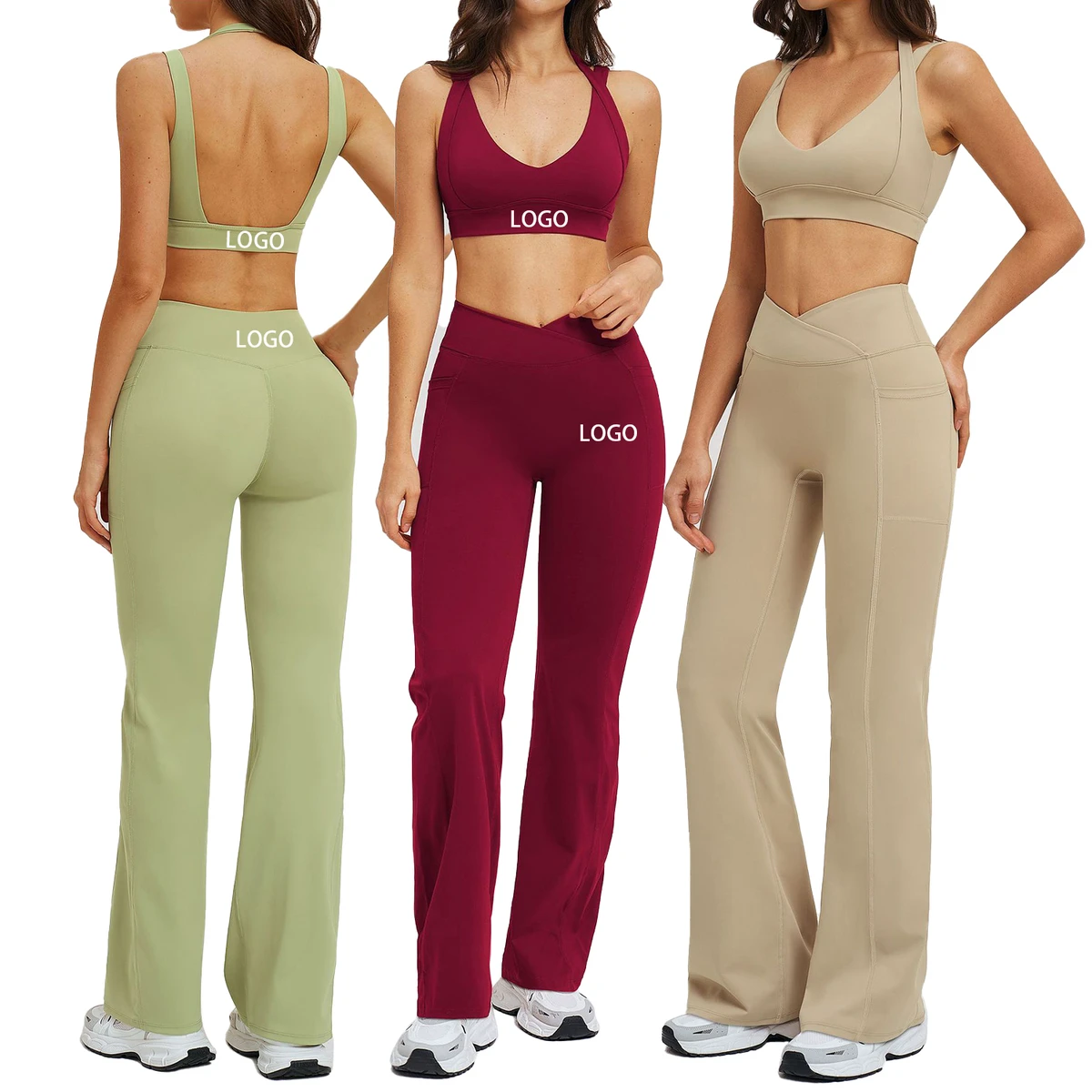 Custom Women 2 Piece Butter Soft Fitness Set V Back High Impact Sports Bra High Waist Wide Leg Pants Yoga Training Suit