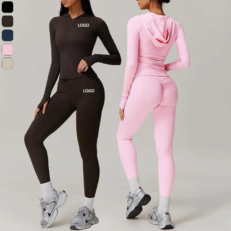 XW-TZ9142-2 Hooded Yoga Jacket Scrunch Butt Workout Leggings Fitness High Waist Gym Sports Two Piece Set Women Clothing