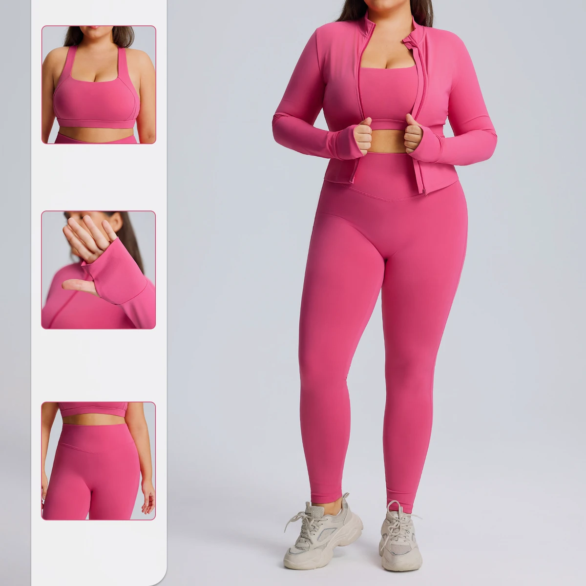 High Quality Women's Plus Solid Yoga Fitness Clothing Set High Elasticity Sports Bra Jacket High Waist Leggings 3 Piece Set