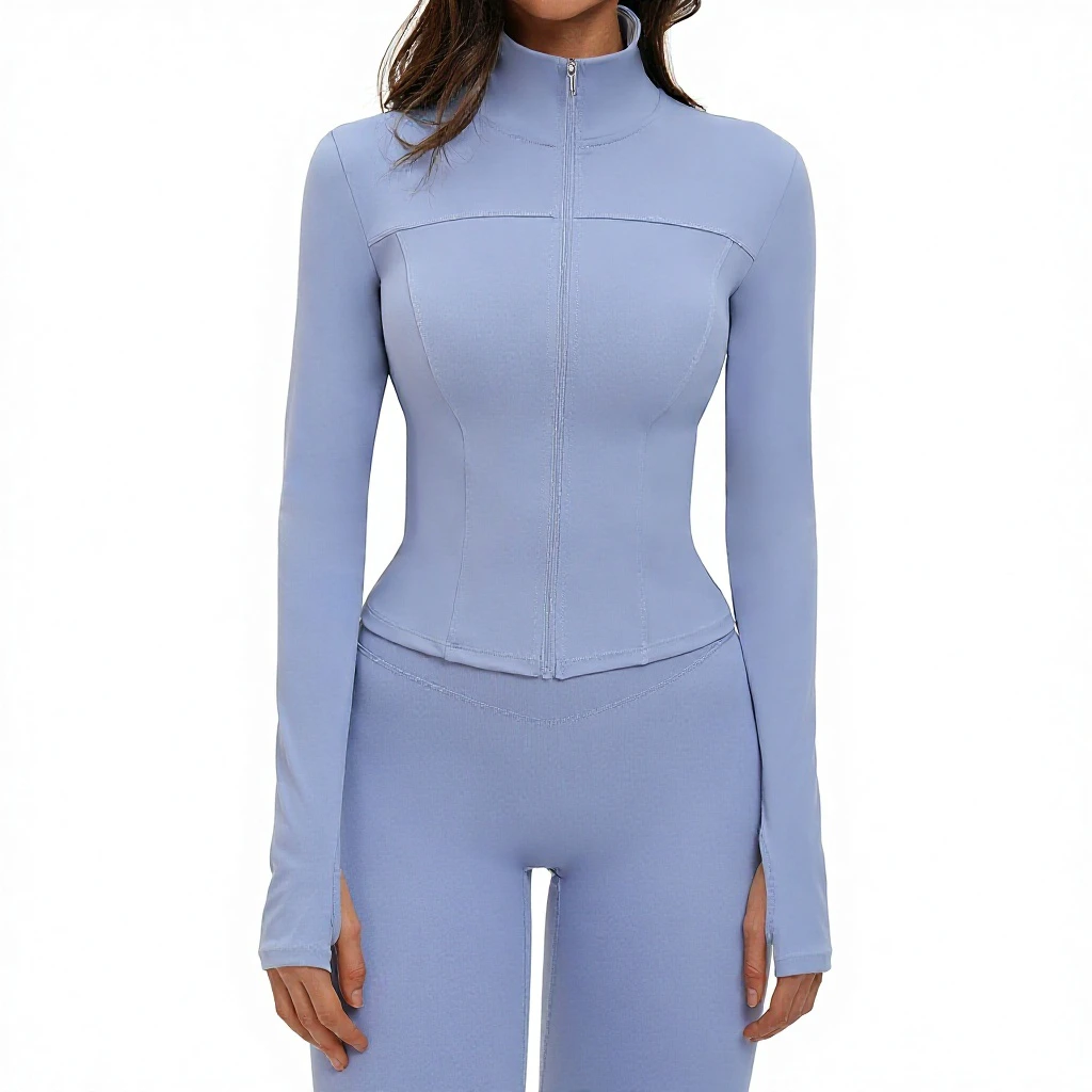 Brushed Quick Dry Breathable Spandex/Nylon Yoga Coat Stand-Up Collar Long-Sleeved Zipper Fitted Top for Women Outdoor Sportswear