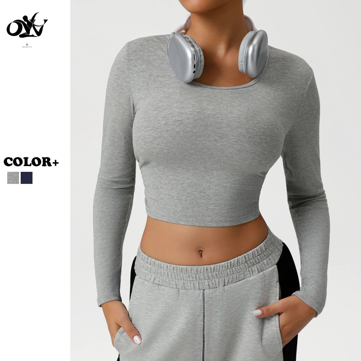 New Design Simple Threaded Sports Tops for Women Crew Neck Long Sleeve Tight Slimming Yoga T-shirts Crop Top Fitness Clothing